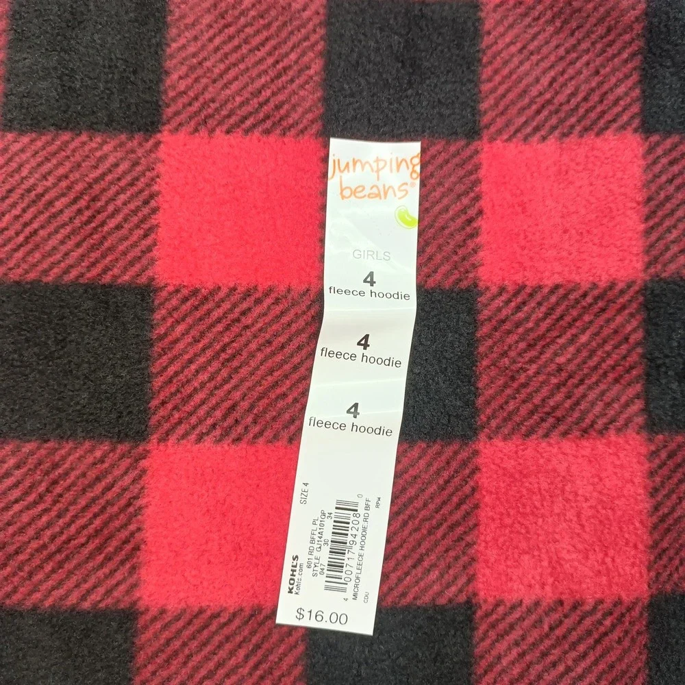 Jumping Beans Girls 4 Red Black Buffalo‎ Plaid Fleece Hoodie Cozy Festive Casual